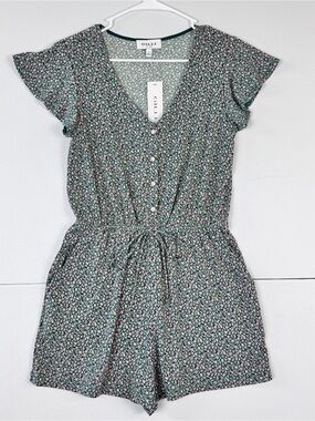 Gilli Romper‎ Womens Small S Green Pink Ditsy Floral 1/2 Button Front Stitch Fix